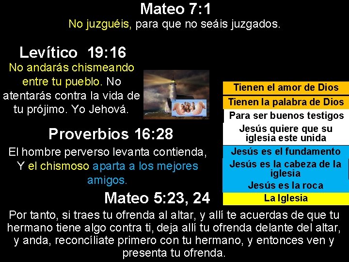 Mateo 7: 1 No juzguéis, para que no seáis juzgados. Levítico 19: 16 No