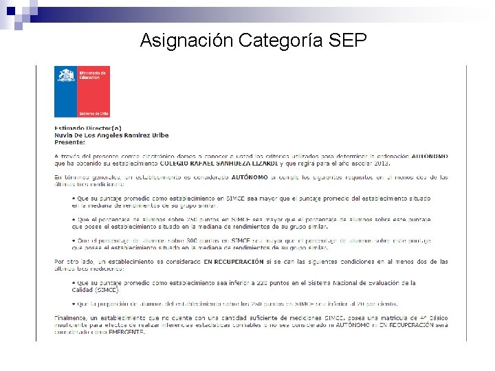 Asignación Categoría SEP 