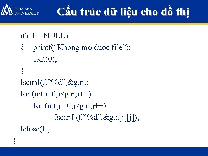 Cấu trúc dữ liệu cho đồ thị if ( f==NULL) { printf(“Khong mo duoc