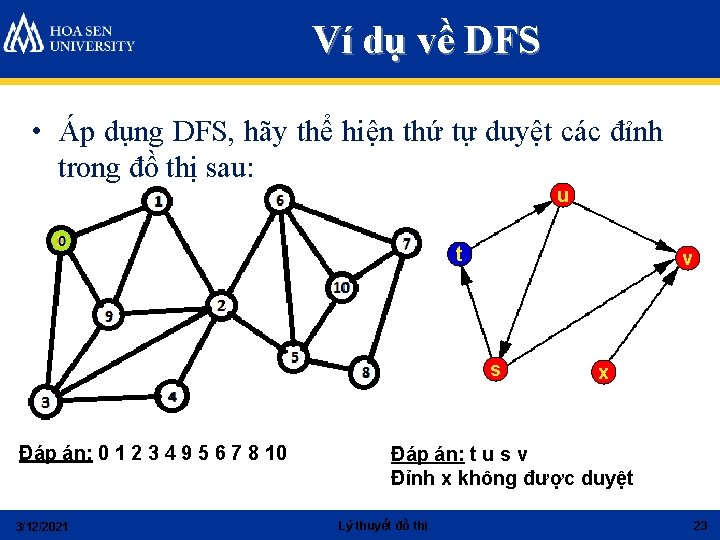 Ví dụ về DFS • Áp dụng DFS, hãy thể hiện thứ tự duyệt