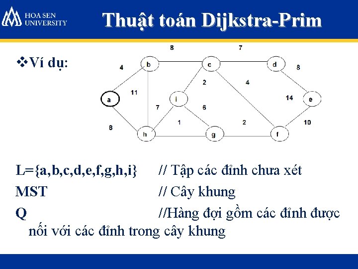 Thuật toán Dijkstra-Prim v. Ví dụ: L={a, b, c, d, e, f, g, h,