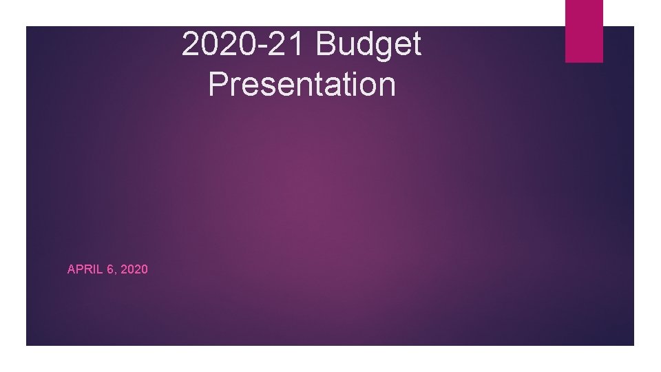 2020 -21 Budget Presentation APRIL 6, 2020 