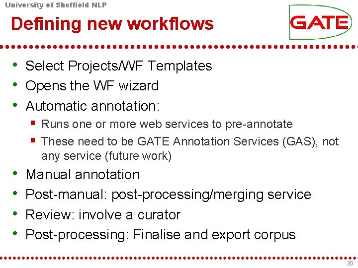 University of Sheffield NLP Defining new workflows • Select Projects/WF Templates • Opens the