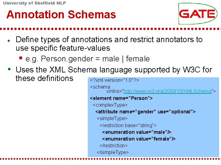 University of Sheffield NLP Annotation Schemas • Define types of annotations and restrict annotators