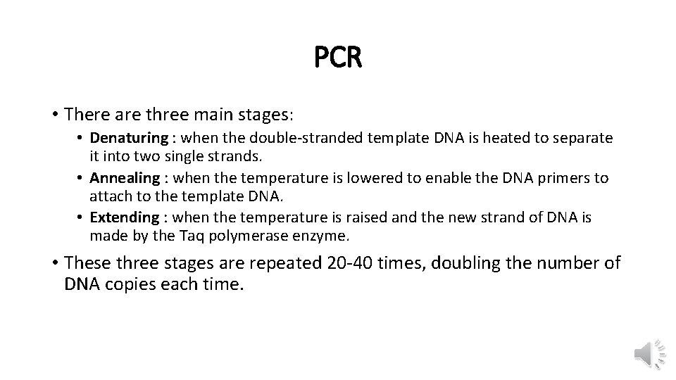 PCR • There are three main stages: • Denaturing : when the double-stranded template