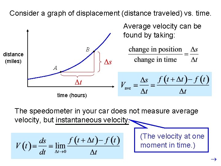 Consider a graph of displacement (distance traveled) vs. time. Average velocity can be found