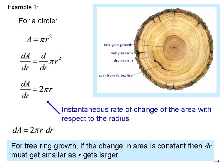 Example 1: For a circle: Instantaneous rate of change of the area with respect