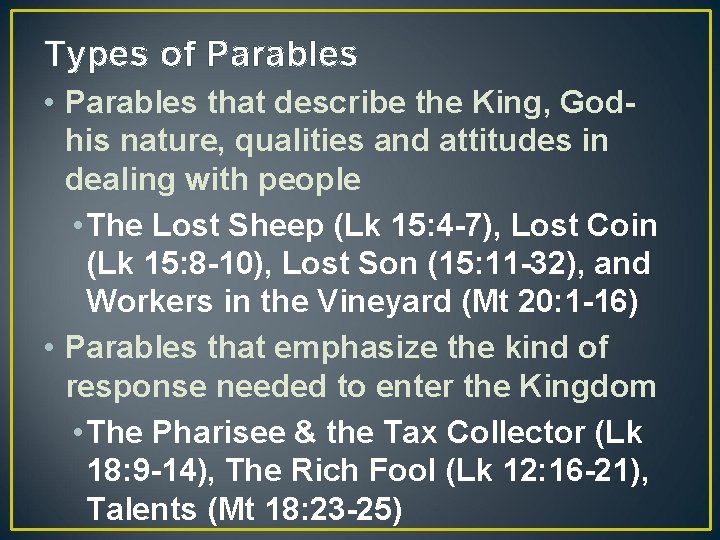 Types of Parables • Parables that describe the King, Godhis nature, qualities and attitudes