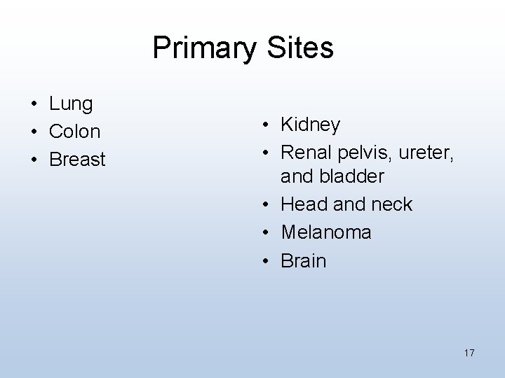 Primary Sites • Lung • Colon • Breast • Kidney • Renal pelvis, ureter,