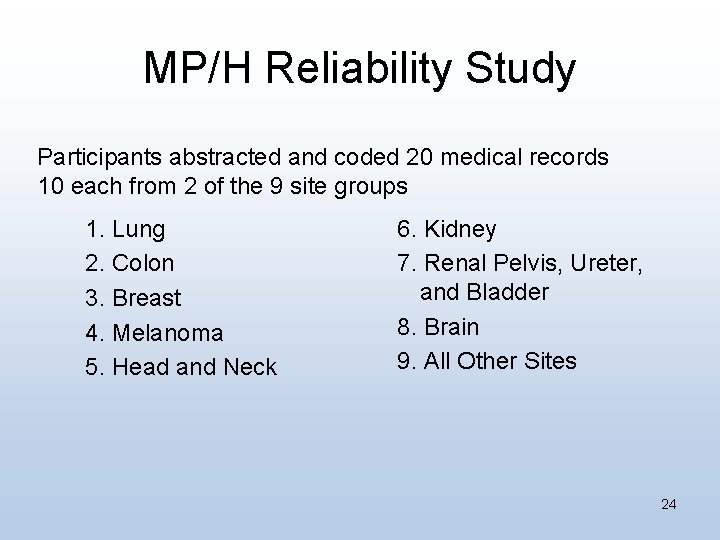 MP/H Reliability Study Participants abstracted and coded 20 medical records 10 each from 2