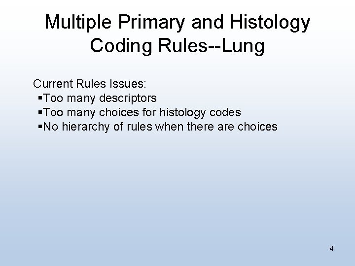 Multiple Primary and Histology Coding Rules--Lung Current Rules Issues: §Too many descriptors §Too many