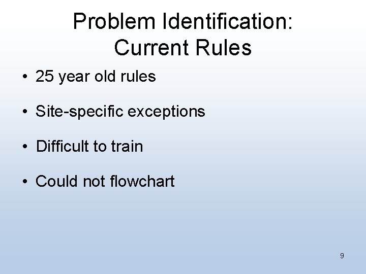 Problem Identification: Current Rules • 25 year old rules • Site-specific exceptions • Difficult