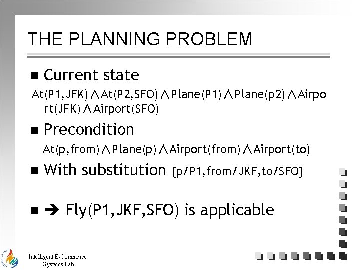 THE PLANNING PROBLEM n Current state At(P 1, JFK)∧At(P 2, SFO)∧Plane(P 1)∧Plane(p 2)∧Airpo rt(JFK)∧Airport(SFO)