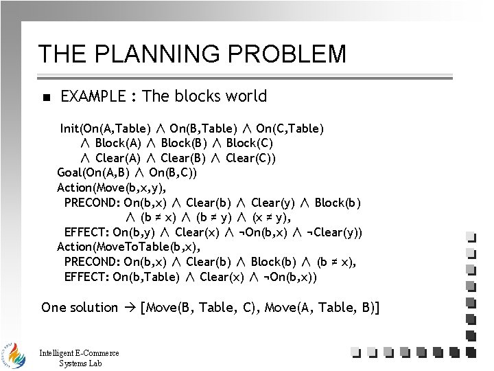 THE PLANNING PROBLEM n EXAMPLE : The blocks world Init(On(A, Table) ∧ On(B, Table)