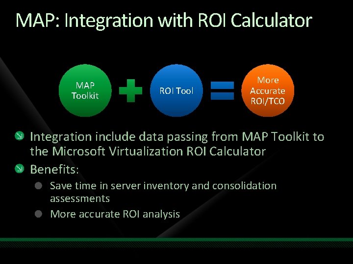 MAP: Integration with ROI Calculator MAP Toolkit ROI Tool More Accurate ROI/TCO Integration include