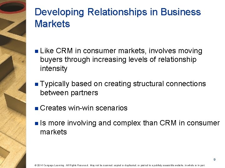 Developing Relationships in Business Markets n Like CRM in consumer markets, involves moving buyers