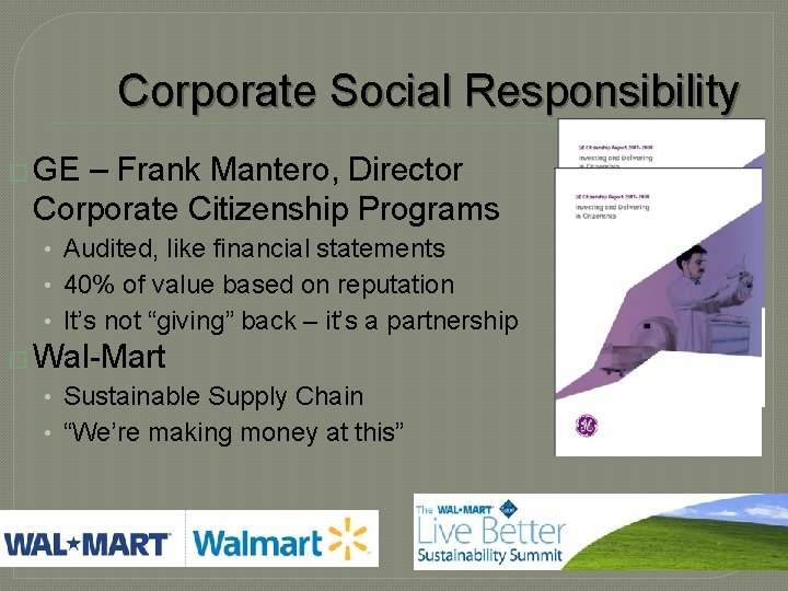 Corporate Social Responsibility � GE – Frank Mantero, Director Corporate Citizenship Programs • Audited, Corporate Social Responsibility � GE – Frank Mantero, Director Corporate Citizenship Programs • Audited,