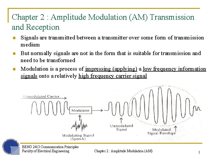 Chapter 2 : Amplitude Modulation (AM) Transmission and Reception n Signals are transmitted between