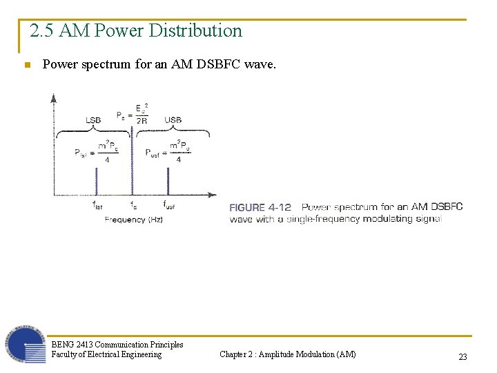 2. 5 AM Power Distribution n Power spectrum for an AM DSBFC wave. BENG
