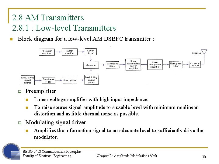 2. 8 AM Transmitters 2. 8. 1 : Low-level Transmitters n Block diagram for