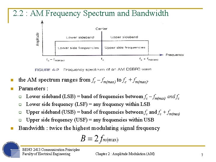 2. 2 : AM Frequency Spectrum and Bandwidth n n the AM spectrum ranges