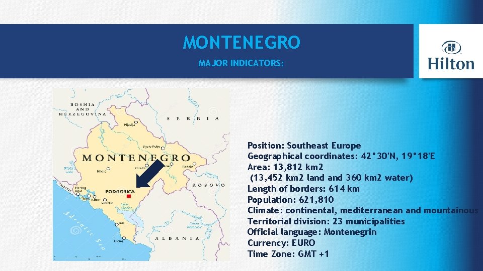 MONTENEGRO MAJOR INDICATORS: Position: Southeast Europe Geographical coordinates: 42° 30'N, 19° 18'E Area: 13,