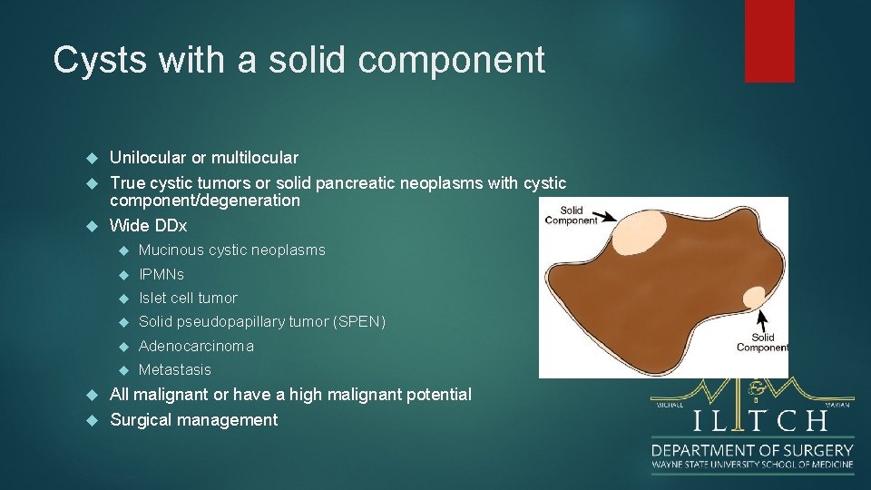 Cysts with a solid component Unilocular or multilocular True cystic tumors or solid pancreatic