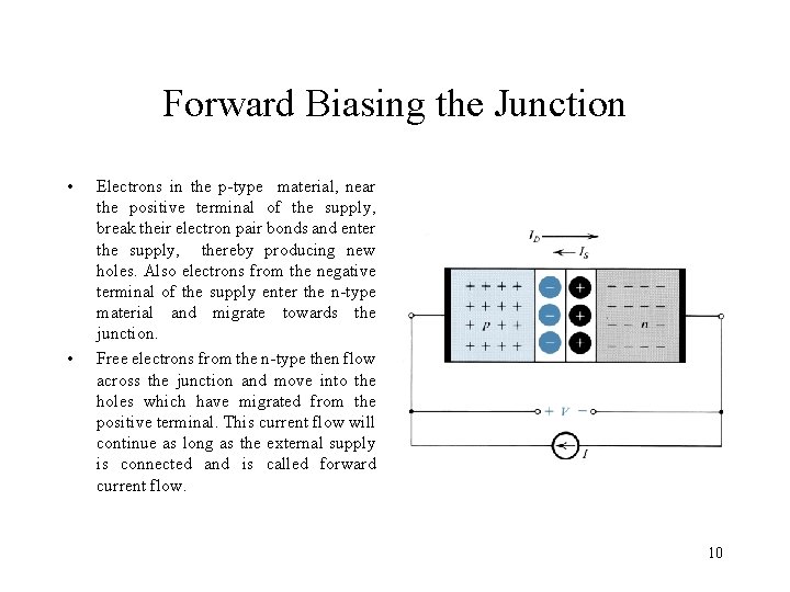 Forward Biasing the Junction • • Electrons in the p-type material, near the positive Forward Biasing the Junction • • Electrons in the p-type material, near the positive