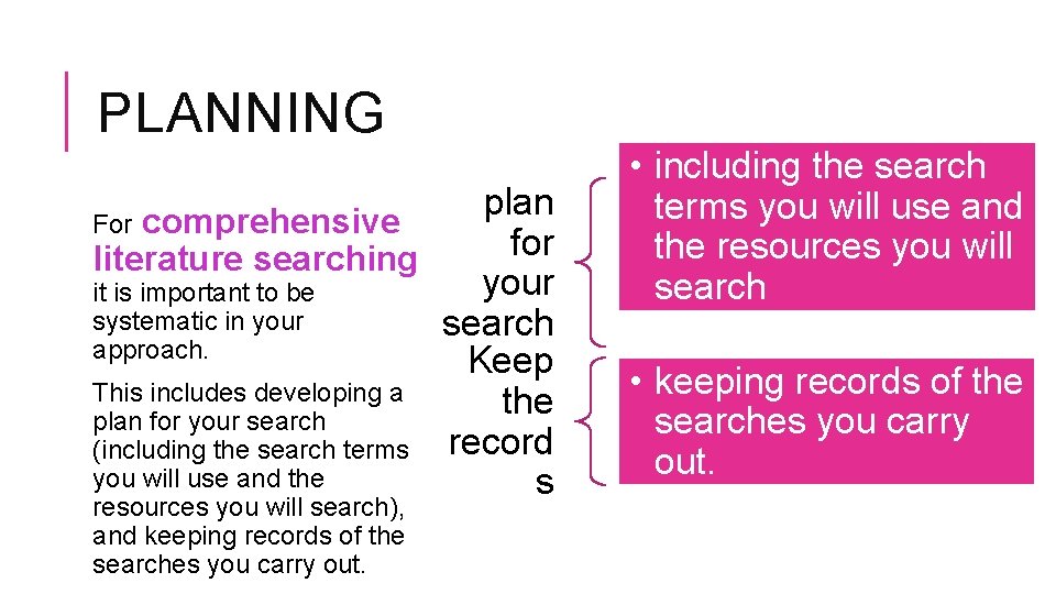 PLANNING plan For comprehensive for literature searching your it is important to be systematic PLANNING plan For comprehensive for literature searching your it is important to be systematic