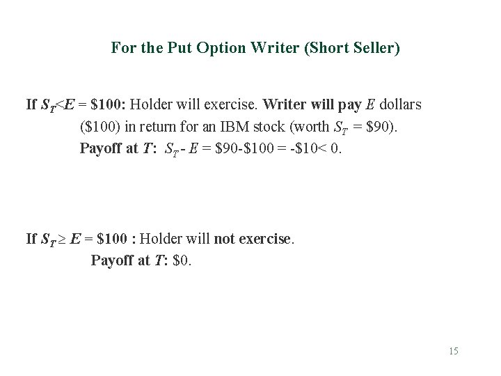 For the Put Option Writer (Short Seller) If ST<E = $100: Holder will exercise.