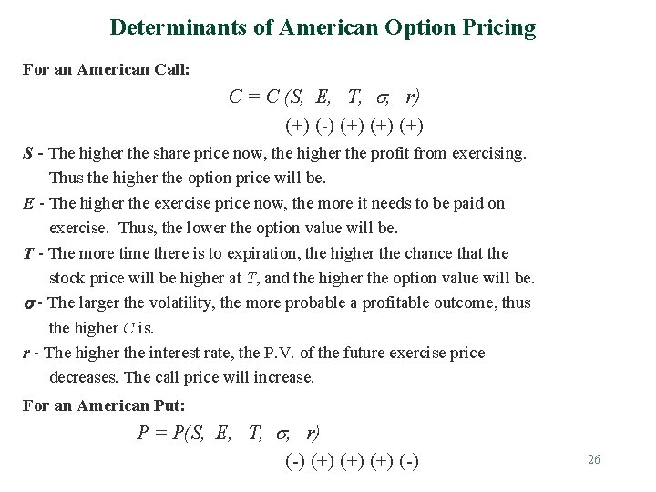 Determinants of American Option Pricing For an American Call: C = C (S, E,