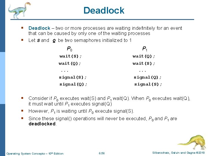 Deadlock § Deadlock – two or more processes are waiting indefinitely for an event