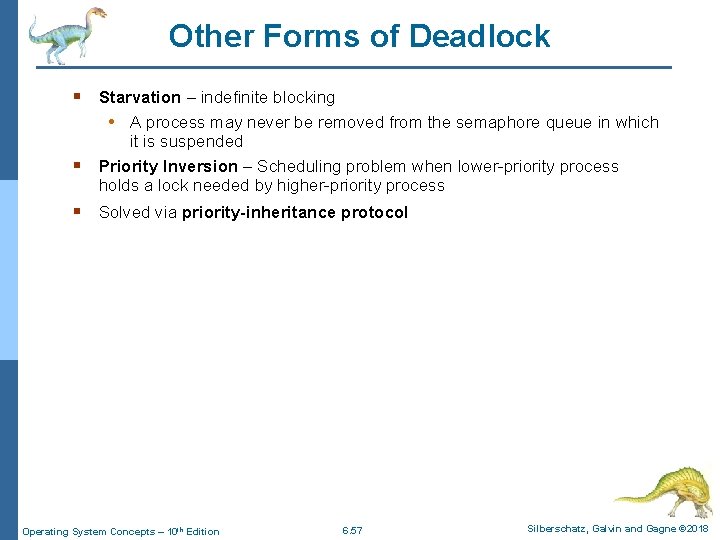 Other Forms of Deadlock § Starvation – indefinite blocking • A process may never