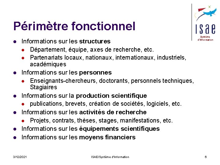 Périmètre fonctionnel l l l Informations sur les structures l Département, équipe, axes de