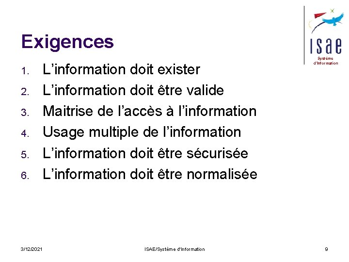 Exigences 1. 2. 3. 4. 5. 6. 3/12/2021 L’information doit exister L’information doit être