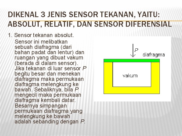 DIKENAL 3 JENIS SENSOR TEKANAN, YAITU: ABSOLUT, RELATIF, DAN SENSOR DIFERENSIAL 1. Sensor tekanan