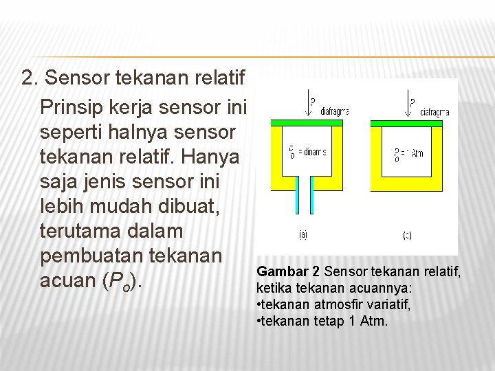 2. Sensor tekanan relatif Prinsip kerja sensor ini seperti halnya sensor tekanan relatif. Hanya