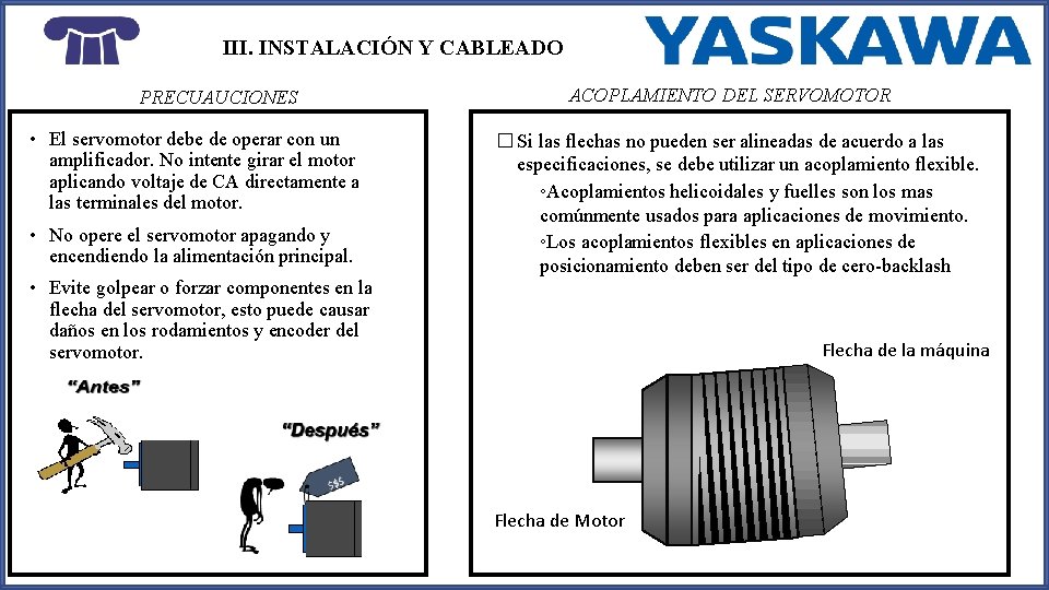 III. INSTALACIÓN Y CABLEADO PRECUAUCIONES • El servomotor debe de operar con un amplificador.