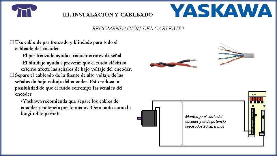 III. INSTALACIÓN Y CABLEADO RECOMENDACIÓN DEL CABLEADO � Use cable de par trenzado y