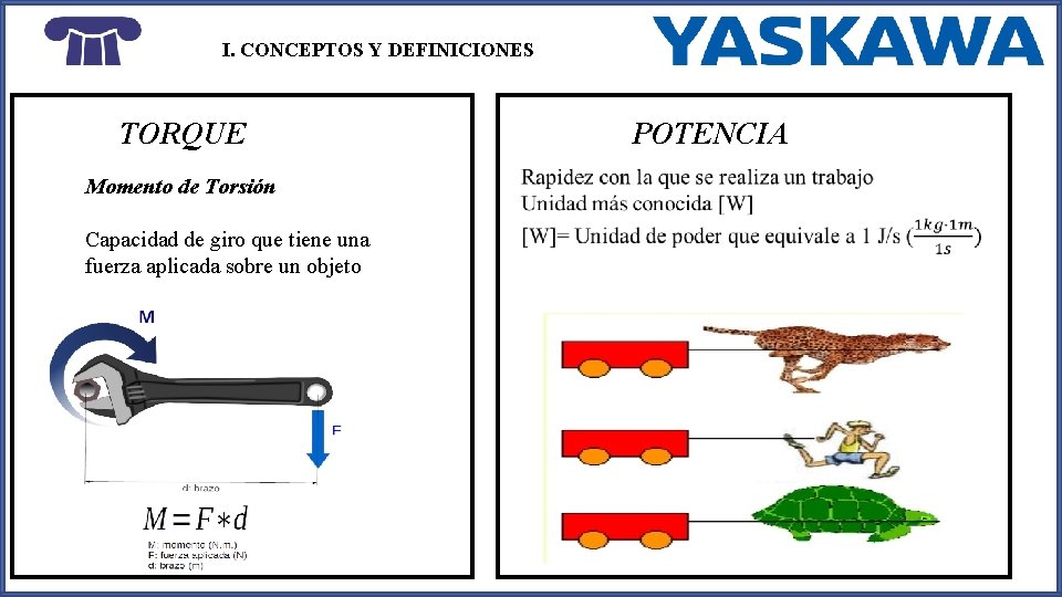 I. CONCEPTOS Y DEFINICIONES TORQUE Momento de Torsión Capacidad de giro que tiene una