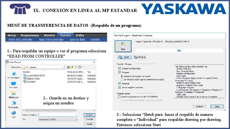 IX. CONEXIÓN EN LINEA AL MP ESTANDAR MENÚ DE TRANSFERENCIA DE DATOS (Respaldo de