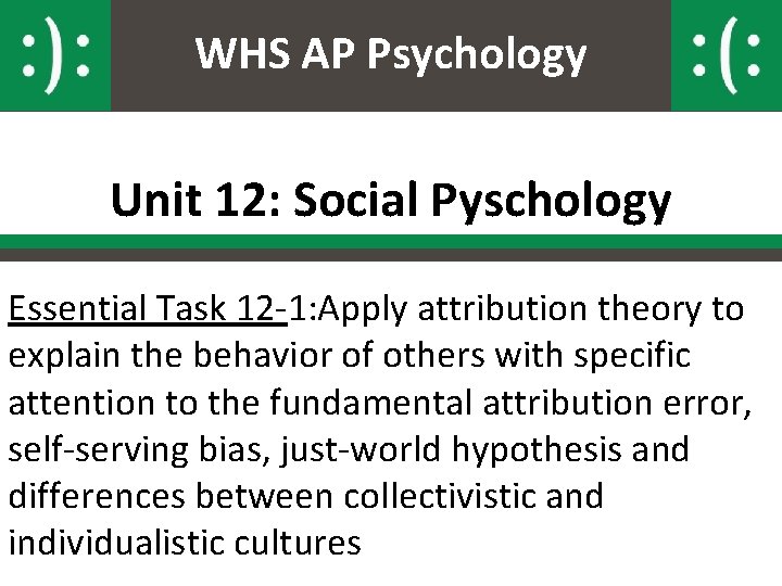 WHS AP Psychology Unit 12: Social Pyschology Essential Task 12 -1: Apply attribution theory