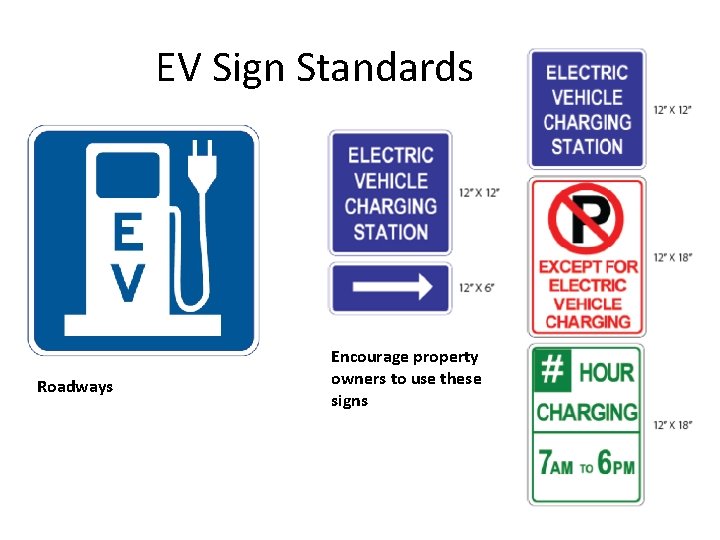 EV Sign Standards Roadways Encourage property owners to use these signs 