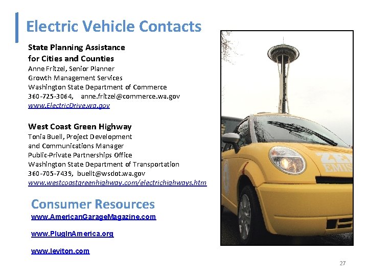 Electric Vehicle Contacts State Planning Assistance for Cities and Counties Anne Fritzel, Senior Planner