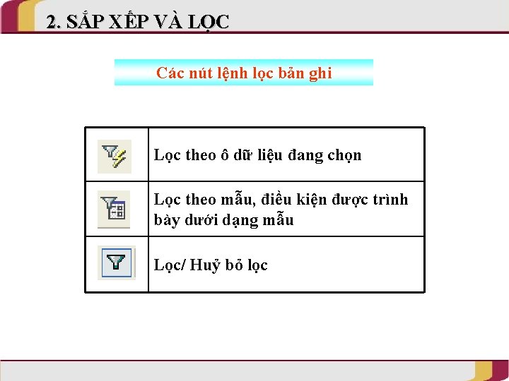 2. SẮP XẾP VÀ LỌC Các nút lệnh lọc bản ghi Lọc theo ô