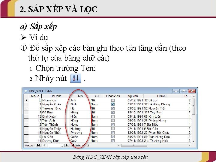 2. SẮP XẾP VÀ LỌC a) Sắp xếp Ví dụ Để sắp xếp các