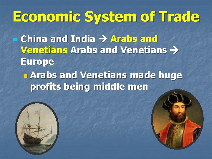 Economic System of Trade n China and India Arabs and Venetians Europe n Arabs