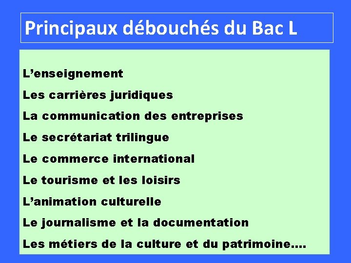 Principaux débouchés du Bac L L’enseignement Les carrières juridiques La communication des entreprises Le