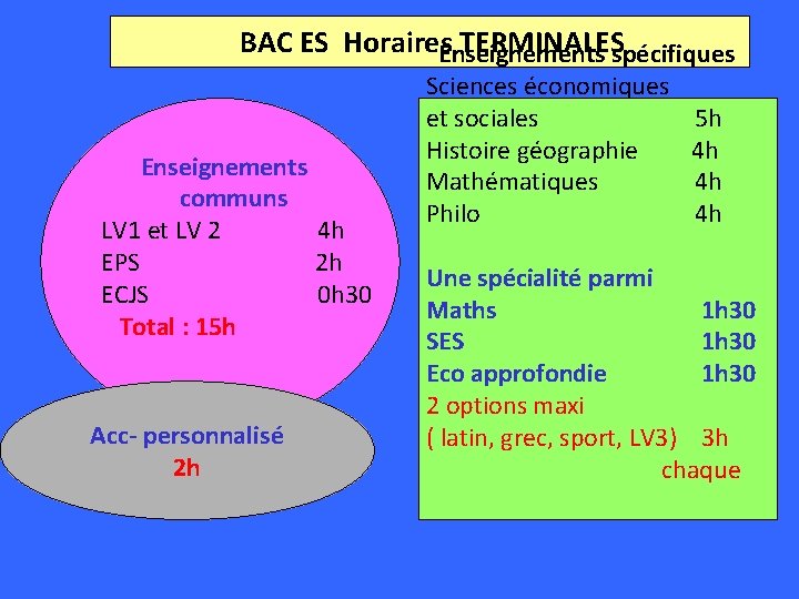  BAC ES Horaires TERMINALES Enseignements spécifiques Enseignements communs LV 1 et LV 2