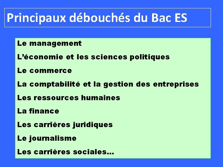 Principaux débouchés du Bac ES Le management L’économie et les sciences politiques Le commerce